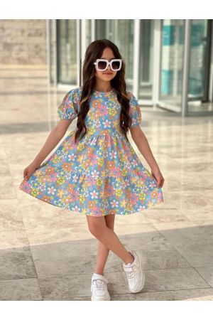 Kız Çocuk Bürümcük Kumaş Çiçek Desenli Elbise
