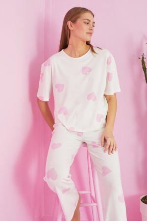 ekru pembe kalp desenli Örme Pamuklu Pijama Takım