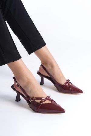 Cherry Red Bordo Rugan Sivri Burun Tokalı 5 Cm Topuklu Ayakkabı Stiletto