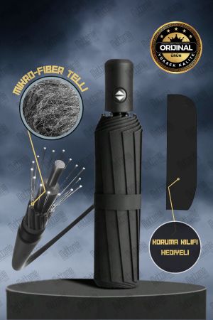 Siyah Renk Premium Kalite Mikro Fiber Telli Tam Otomatik Açılır Rüzgara Dayanıklı Portatif Şemsiye