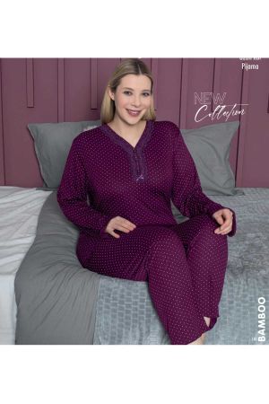 Kadın Büyük Beden Pijama Takımı Düğmeli & Dantel V Yaka Bambu Kumaş Pijama Takımı