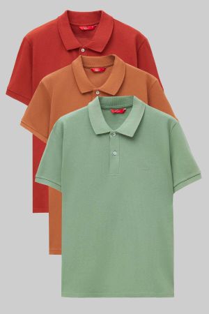 Ds Damat Regular Fit Kiremit/Tütün/Açık Yeşil Pike Dokulu %100 Pamuk Polo Yaka T-Shirt