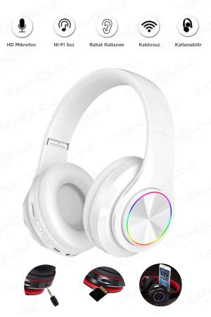 Kablosuz Bluetooth Mikrofonlu Kulaküstü Kulaklık Led Işıklı Katlanabilir Beyaz