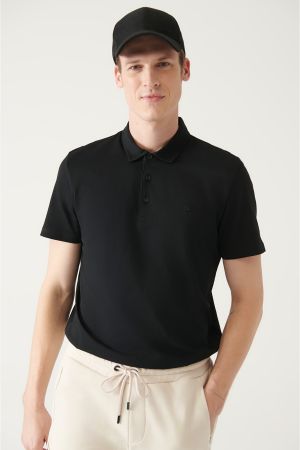 Erkek Siyah %100 Pamuk Regular Fit 3 Düğmeli Kıvrılmaz Polo Yaka T-shirt E001035