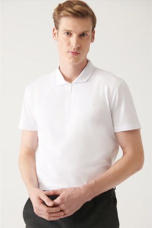 Erkek Beyaz %100 Pamuk Fermuarlı Regular Fit Polo Yaka T-shirt E001034