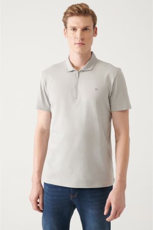Erkek Gri %100 Pamuk Fermuarlı Regular Fit Polo Yaka T-shirt E001034