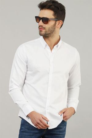 Slim Fit Uzun Kollu Düğmeli Yaka Pamuklu Kolay Ütü Düz Erkek Gömlek