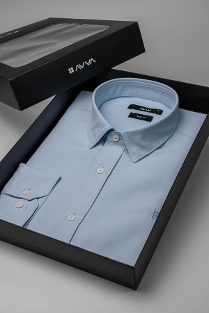Erkek Mavi Klasik Yaka Kolay Ütülenebilir Pamuklu Slim Fit Özel Kutulu Gömlek A41Y2235