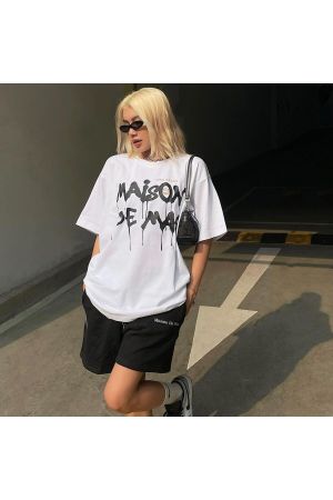 Maison Tasarım T-Shirt Şort Kombin Takım - Beyaz Siyah Baskılı Oversize Bisiklet Yaka