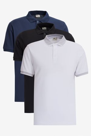 Erkek Siyah-Beyaz- Lacivert 3'lü Çekmeyen Pamuklu Slim Fit Dar Kesim Kıvrılmaz Polo Yaka Tişört