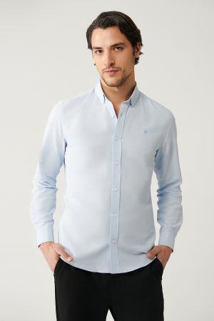 Erkek Mavi Klasik Yaka Kolay Ütülenebilir Pamuk Karışımlı Slim Fit Gömlek A41Y2234