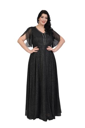 Büyük Beden Siyah Renkli Simli Uzun Abiye Elbise
