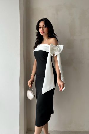 Brıanna Siyah-Beyaz Çift Renk Midi Elbise