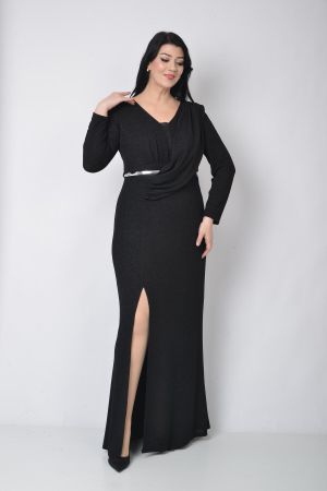 Büyük Beden Yırtmaç Detaylı Siyah Renkli Likralı Simli Abiye Elbise