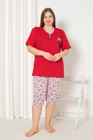 X-Dreamy Büyük Beden Pamuklu Desenli Düğmeli Yaka Kapri Pijama Takımı