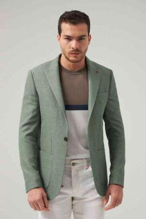 Slim Fit Yeşil Armürlü Kumaş Ceket