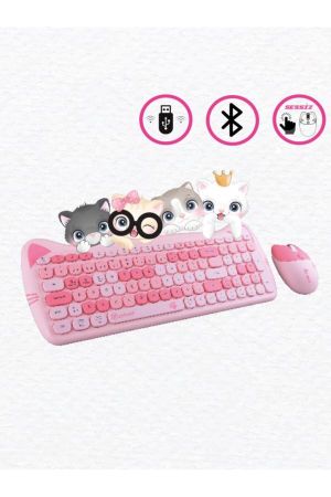 Sevimli Kedi Kablosuz Klavye ve Mouse Seti Bluetooth + 2.4G Dual Mode