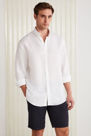 Brıce Erkek %100 Keten Kumaşlı Dökümlü Beyaz Gömlek
