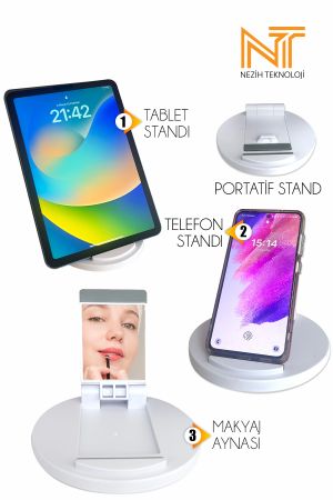 Tüm Tablet ve Telefonlara Uyumlu Stand / Makyaj Aynası (Beyaz)