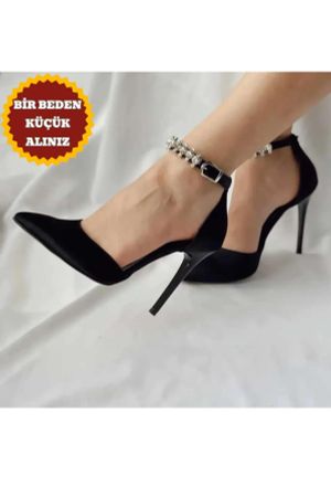 Siyah Saten Topuklu Taşlı Stiletto Abiye Ayakkabı