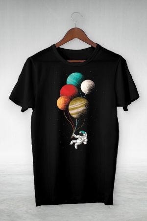 Unisex Beyaz Balloon And Astronot From The Planet Illustrasyon Tshırt