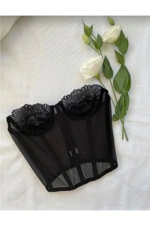 Kadın Seksi Fantezi Hayal Tül Vintage Transparan Korse Siyah Büstiyer Crop Bralet Iç Giyim