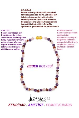 Sertifikalı Bebek Kehribar Kolye-ametist-kehribar-pembe Kuvars (33-35 CM)