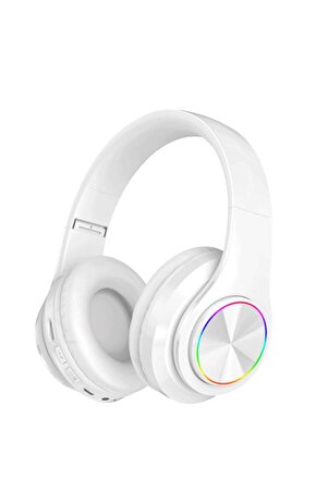 Kablosuz Kulaklık Bluetooth Mikrofonlu Kulaküstü Kulaklık Led Işıklı Katlanabilir Beyaz