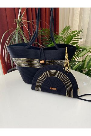 2'li Plaj Çantası & D Clutch Çanta, Siyah Renk, Detaylı