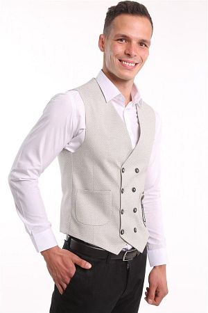 Erkek Krem Slim Fit Astarlı Düğmeli Kemerli Likralı Tek Yelek