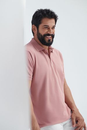 Erkek Gül Kurusu %100 Pamuk Kıvrılmaz Pike Polo Yaka Slim Fit Dar Kesim Tişört