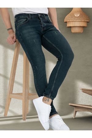 Erkek Tırnaklı Skinny Fit Mavi Yeşil Tint Jeans