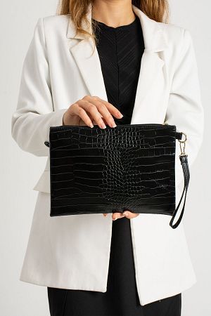 Kadın Siyah Kroko Desenli El Askılı Portföy Clutch Çanta