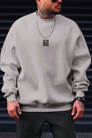 Erkek Koyu Gri Free Life Baskılı Kalın Soft 3 Iplik Içi Şardonlu 0 Sıfır Yaka Oversize Sweatshirt