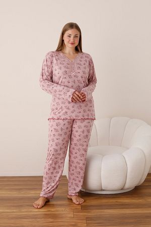 %100 Pamuklu Uzun Kollu Büyük Beden Kadın Pijama Takımı 10969