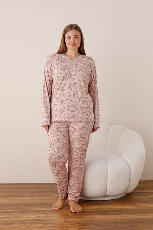 %100 Pamuklu Uzun Kollu Büyük Beden Kadın Pijama Takımı 109633