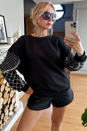 Crystal Taşlı İncili Bol Kesim Oversize Büyük Beden Üç Iplik Pamuk Rahat Şık Kadın Sweatshirt