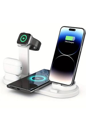 15w Hızlı Şarj Kablosuz Wireless Iphone Samsung Airpods şarj Standı 3ü 1 arada Beyaz