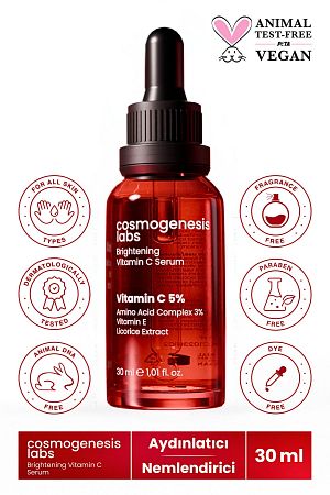 Aydınlatıcı C Vitamini Cilt Serumu 30ml Vegan Pürüzsüzleştirici Ince Çizgi Azaltıcı (%5 VİTAMİN C)