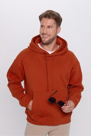 Unisex Oversize Geniş Kesim Pamuklu Yumuşak Dokulu Içi Polarlı Basic Kiremit Renk Kapüşonlu Sweatshi