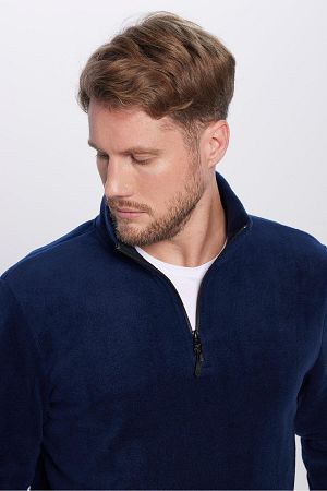 Erkek Standart Fit Rahat Kesim Tüylenme Yapmayan Soğuk Geçirmez Lacivert Dik Yaka Polar Sweatshirt