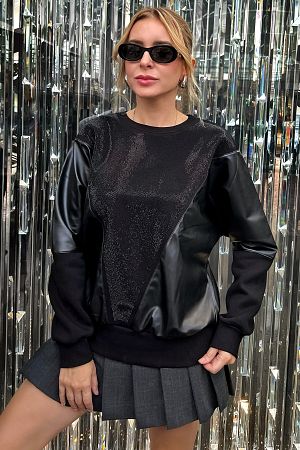 Oversize Bol Kesim Derili Crystal Taşlı Büyük Beden Üç İplik Pamuk Rahat Şık Siyah Kadın Sweatshirt