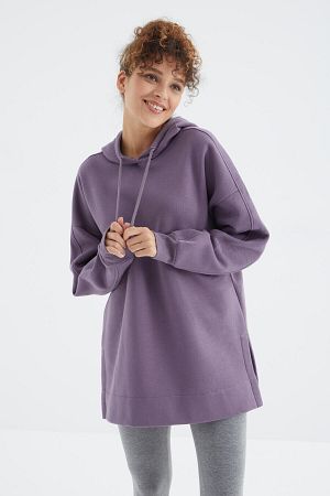 Eflatun Reglan Kol Basic Kapüşonlu Oversize Tunik - 97242