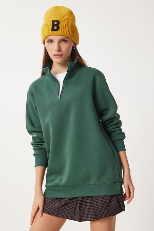 Fermuarlı Dik Yaka Şardonlu Sweatshirt KOYU YEŞİL LVN0004