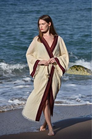 Naturel Pamuk Crinkle Kaftan Kimono-135 Cm- Aynı Kumaştan Havlu 170x110 Cm, Bordo Taşıma Çantalı