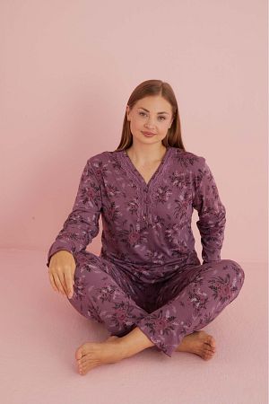 Kadın Büyük Beden Desenli Yakası Düğmeli Uzun Kollu Bambu Pijama Takımı