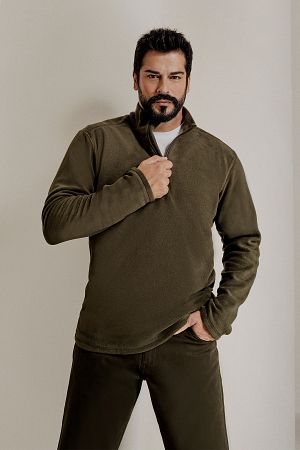 Erkek Haki Anti-pilling Tüylenme Yapmayan Standart Fit Dik Yaka Soğuk Geçirmez Polar Sweatshirt