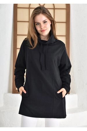 Cep Detaylı Iki Iplik Kumaş Siyah Tunik Sweatshirt - Spor Tunik