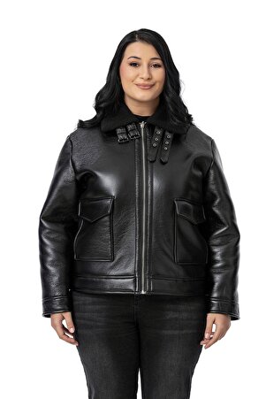 Plus Size Inner Faux-Fur Zipped Collar Buckle-Detail Leather-Look Coat
