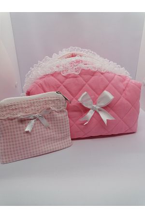 PEMBE DANTELLİ KURDELELİ ÇOK AMAÇLI FERMUARLI MAKYAJ ÇANTASI MİNİ CÜZDAN HEDİYELİ 20*11*12 CM